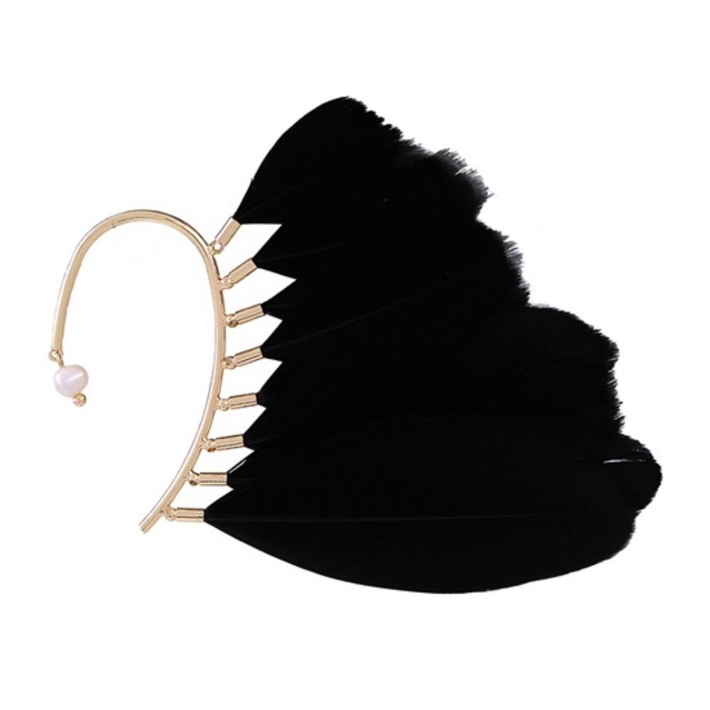 Goldtone Black Feather Ear Cuff with Freshwater Pearl Drop